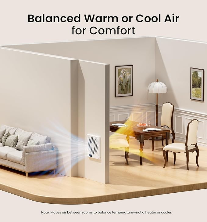 8" Room to Room Ventilation Fan with Remote, Quiet Reversible Through the Wall Air Transfer Fan, 10-Speed Smart Exhaust Vent, Temperature Control, ETL Certified for Bedroom, Kitchen, Laundry