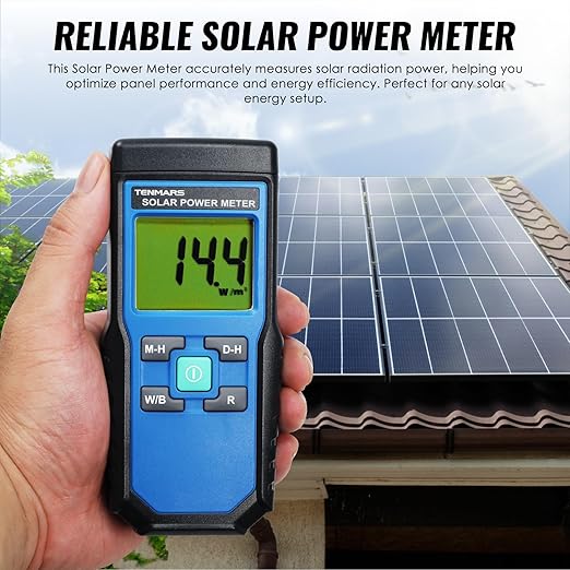 Solar Power Meter, Digital Solar Irradiance Meter Solar Energy Meter, Handheld Solar Power Meter with 2000 W/m2, 634 BTU / (ft2 · h) Measuring Range and MAX/MIN/Data Hold Function