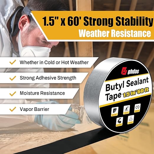 2 Pack Butyl Sealant Tape 1 1/2" X 60' - Double Sided - Black Vapor Barrier Butyl Tape for Wall of Crawl Space, Rv Windows, Deck Boat, Crawlspace (Waterproof, Weatherproof)