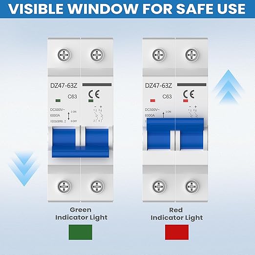 DC Circuit Breaker 32A 2P 500V, Miniature Disconnect Switch for Solar PV System, MCB Thermal Magnetic Trip with DIN Rail Mount C32