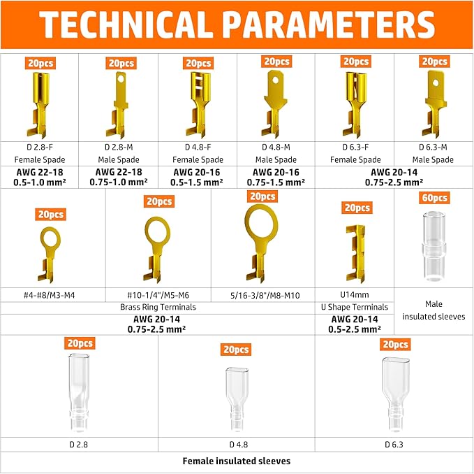 PEBA Open Barrel Crimping Tool Kit - 10 Sizes Quick Splice Male and Female Wire Spade Connectors with Ratcheting Crimper AWG 24-14, Ring Terminals for Electrical Wiring Car Audio Speaker Connectors
