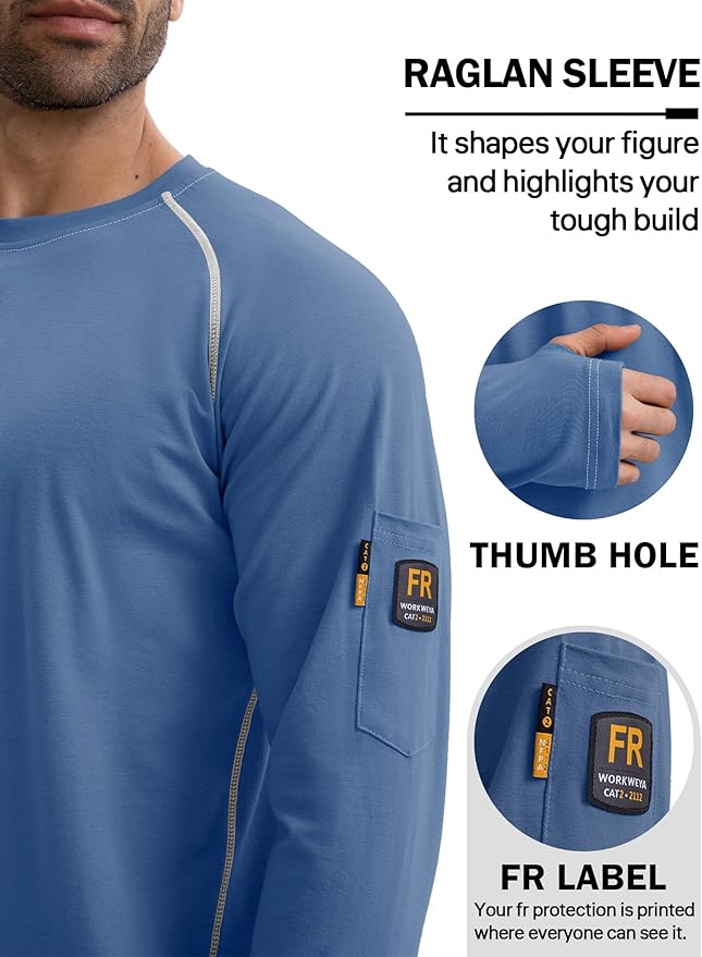 WORKWEYA FR Shirts for Men 6OZ Light Weight Welding Shirts Thumb Hole Stretch Breathable NFPA2112 CAT2 for Summer