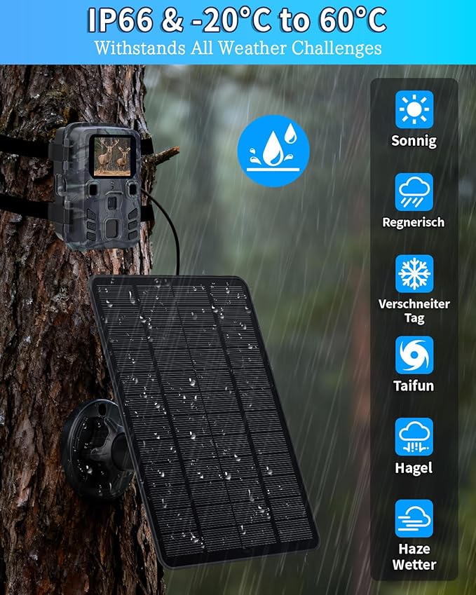 Trail Camera Solar Panel, 3W Solar Panel Charger with 5000mAh Battery and 12V/1A 6V/1.5A USB-C & DC Port 9.8ft Cable, IP65 Waterproof Solar Panel for Trail Camera,Game Cameras, Hunting Accessory