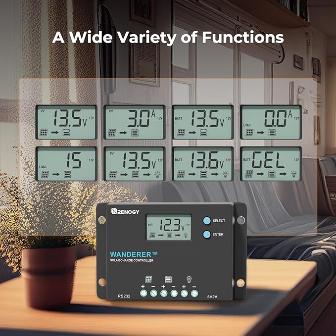 Renogy Wanderer 10A Solar Charge Controller - 12V/24V PWM Auto-Detect, LCD Display, USB & Lithium Support, Waterproof for RV Marine Off-Grid