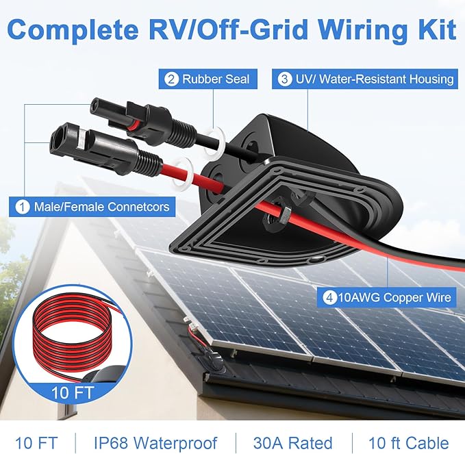 Solar Cable Entry Gland with 10ft 10AWG Solar Extension Cable Compatible with MC4, Weatherproof Roof Cable Entry Housing for RV Camper Van Boat Shed Garage