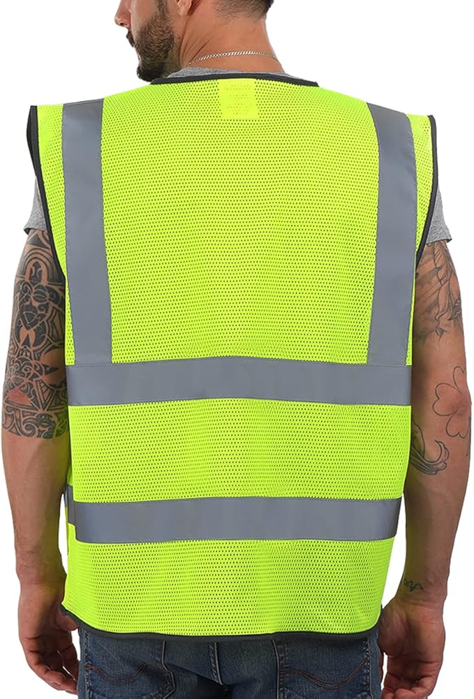 Dib Safety Reflective Vest ANSI Class 2, High Visibility Vest with Pockets and Zipper, Construction Work, Hi Vis