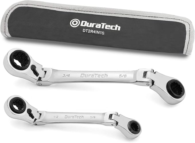 DURATECH 4-in-1 Flex-Head Reversible Ratcheting Box Wrench Set, SAE, 2-Piece, 5/16'' to 3/4'', 12 Point, CR-V Steel, with Rolling Pouch