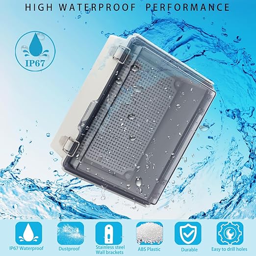 Outdoor Waterproof Electrical Box Junction Box Weatherproof IP67 ABS Plastic Enclosure Switch Router Project Box Electronics Enclosure with Mounting Plate Wall Bracket Clear 8.7"x6.7"x4.3"