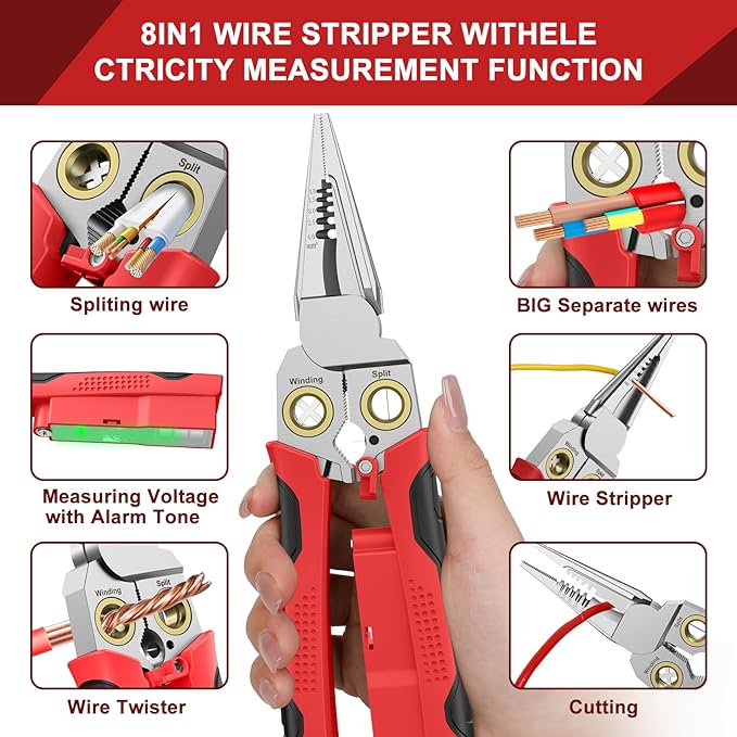 GADO Pro 8-in-1 Wire Stripper/Cutter with Voltage Tester & Dual Alarms - Heavy Duty 12-250V AC/DC Electrical Tester for Hot/Neutral Wires - Electrician, HVAC, Car Repair Tool (Red)