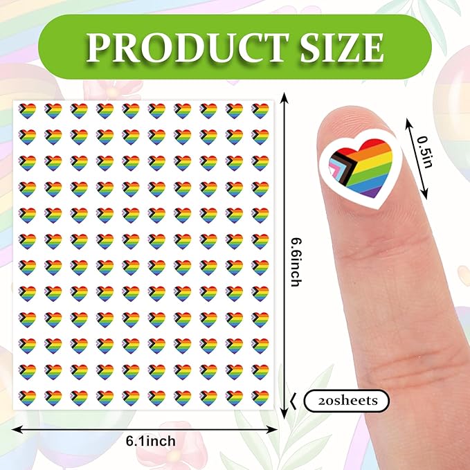 JarThenaAMCS 2400Pcs Mini Pride Progress Sticker Rainbow Heart Flag Paper Decal LGBT Gay Self-Adhesive Sticker for Planner Reward Envelope Scrapbook DIY Supplies, 0.5 in