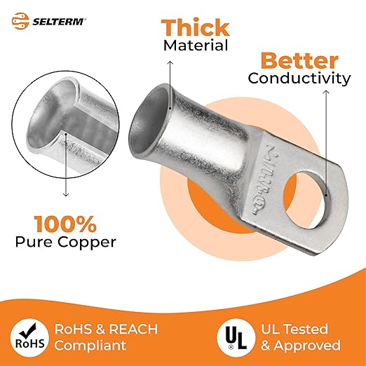SELTERM 10pcs 1/0 AWG-3/8" Stud Tinned Copper Wire Lugs, Heavy Duty Battery Cable Ends,0 Gauge Ring Terminals, UL Battery Lugs Marine Grade Copper Eyelets Electrical Battery Terminal Connectors