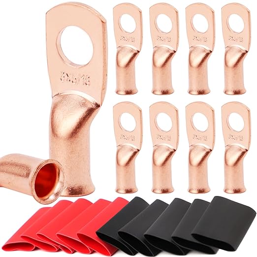 TKDMR 10pcs 6 AWG-5/16 Battery Lugs,with 10pcs 3:1 Heat Shrink Tubing,Battery Cable Ends,Heavy Duty Copper Wire Lugs,Tubular Ring Terminals,AWG Crimp Wire Ring Lugs,Battery Terminal Connectors