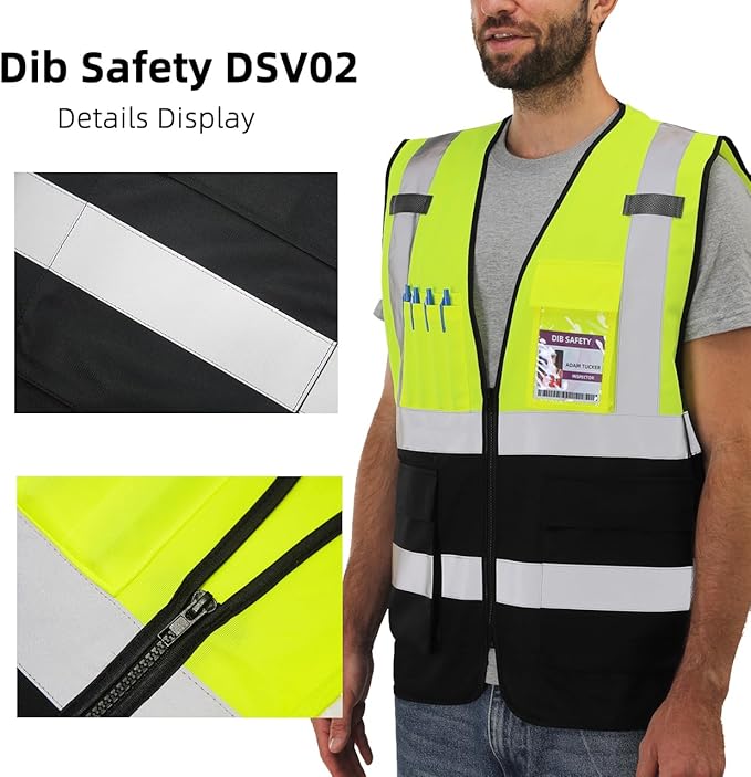 Dib Safety Reflective Vest ANSI Class 2, High Visibility Vest with Pockets and Zipper, Construction Work, Hi Vis