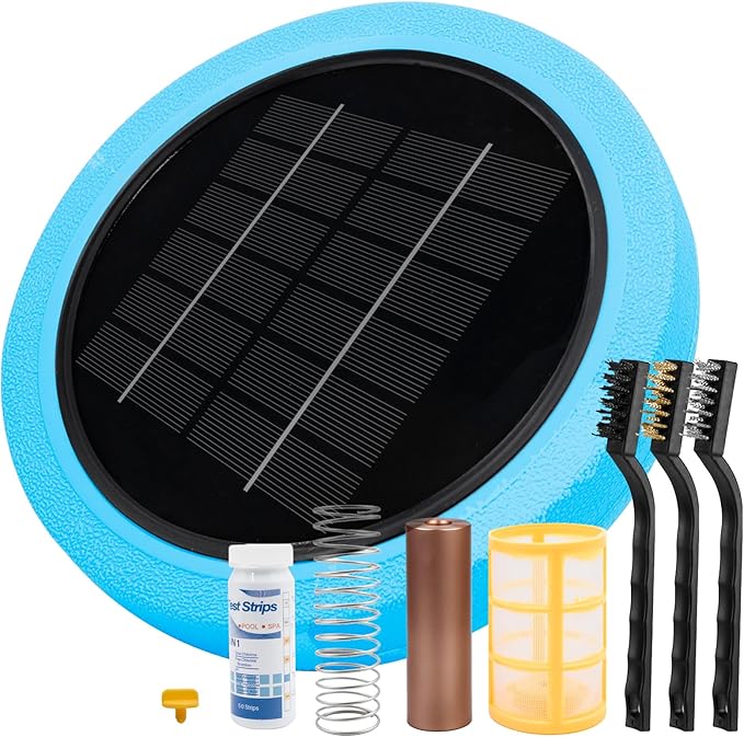 Solar Pool Ionizer - Enhanced with Latest Solar, 90% Less Chlorine, for Pools up to 45,000 Gal, Technology & Longer-Lasting Anode, Reduces Chlorine- Mineral-Based Pool Cleaning Device (Blue)