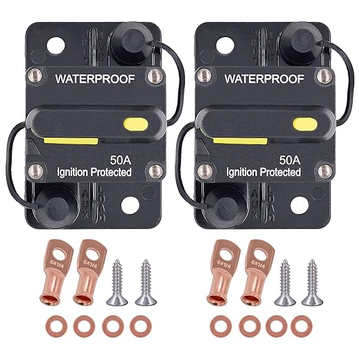 2-Pack 50 Amp Circuit Breaker with Manual Reset, DC 12V - 48V Circuit Protector for Marine Trolling Motor Car Amplifier RV Solar Truck ATV Inverter, Waterproof Surface-Mount Inline Fuse Holder
