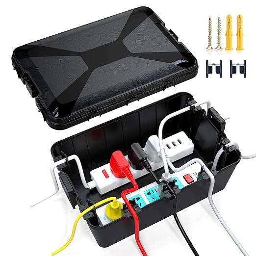 TOTUFY Large Outdoor Electrical Box Waterproof (12.9 x 8.3 x 5.2 inch), IP54 Weatherproof Extension Cord Cover with 7 Cable Seal Entry, Protect Power Strip, Timer Outlet Plug, Holiday Light, Black