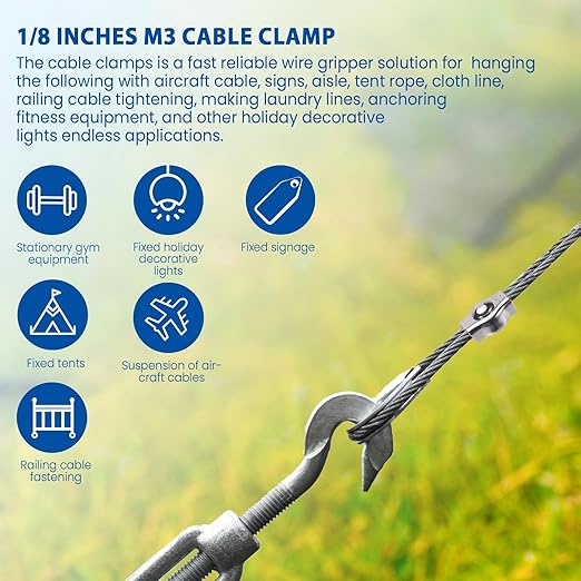 8PCS 1/8 Inches M3 304 Stainless Steel Wire Rope Cable Clip Clamp, Reusable Simplex Single Bolt Wire Rope Clips for 1/8Inch (1.5mm-3mm) Diameter Wire Cable/Wire Rope, Wire Clamp Tool for Outdoors