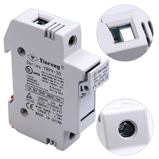 ZOOKOTO Solar Fuse Holder 30A 1500V DIN Rail Mount 1 Pole White Plastic Housing with 10x38mm Solar Fuse 30Amp