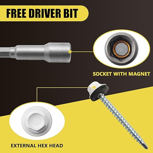 200pcs #10 x 2 White Hex Head Self-Drilling Metal Roofing Screws, EPDM Washer, Colored Head, Wood Screws, Sheet Metal Roof Screw with Hex Driver Bit (White, 2 in)