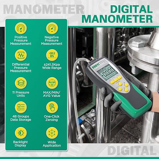 Manometer Gas Pressure Tester ±241.3Kpa/35Psi Wide Range Digital Manometer Lp Gas Pressure Tester with 11 Pressure Units, MAX/MIN/AVG Measurement, Data Storage/Hold, 9V Battery