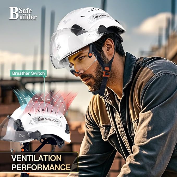 Construction Safety Helmet with Build-in Visor ABS Hard Hat with Visor Adjustable Ventilation Hardhats Work Head Protection ANSI/ISEA Z89.1