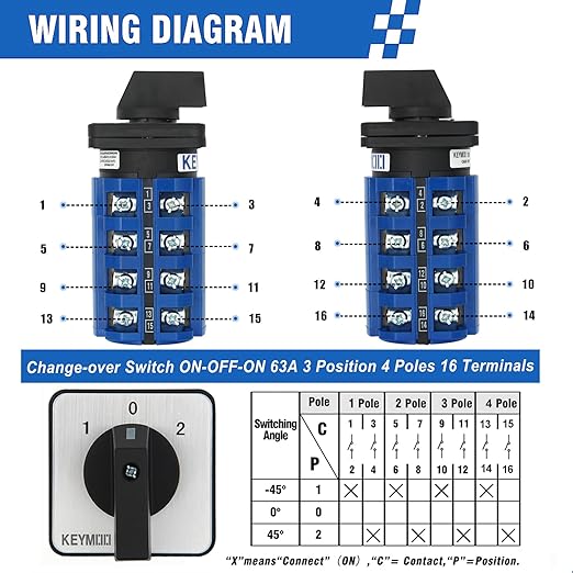 63A Rotary Change-Over Switch, 4NO 4 NC 2-Way 660V Universal Selector Switch, 3 Position 16 Terminals Cam Switch, CE SZW26-63/D404.4