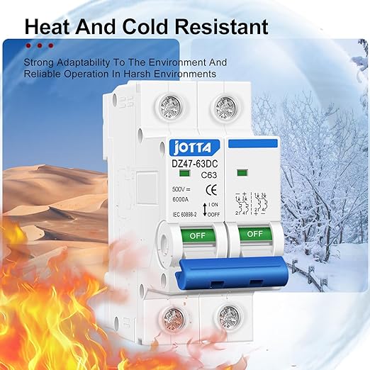 JOTTA Mini DC Circuit Breaker, 2 Pole 500V 63 Amp Isolator for Solar PV System, Thermal Magnetic Trip, DIN Rail Mount DZ47-63DC