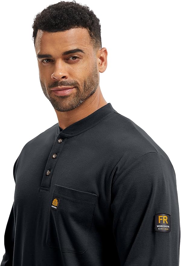 WORKWEYA 6.5oz Flame Resistant Henley Shirt 100% Cotton Lightweight FR Shirts for Men