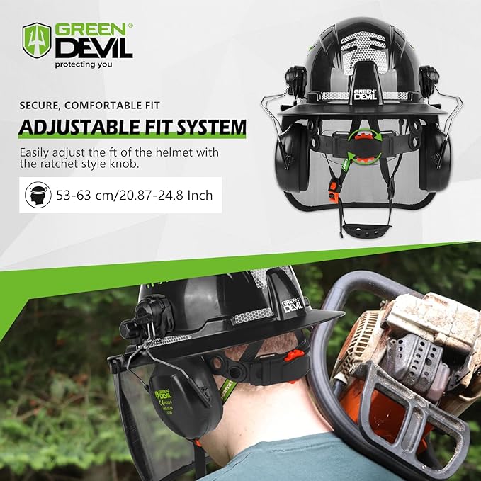 GREEN DEVIL Industrial Chainsaw Helmet with Face Shield Built in Visor and Ear Muffs 4 in 1 System ANSI Z89.1 Safety Hard Hat Adjustable Headgear Ideal for Forestry and Arborist Work Full Brim Style