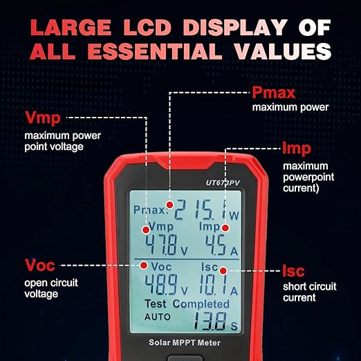 Solar Panel Tester Meter Photovoltaic Multimeter 800W, Solar MPPT Meter with Large Ultra Clear LCD, Smart MPPT Open Circuit Voltage Troubleshooting Utility Tool for PV Testing