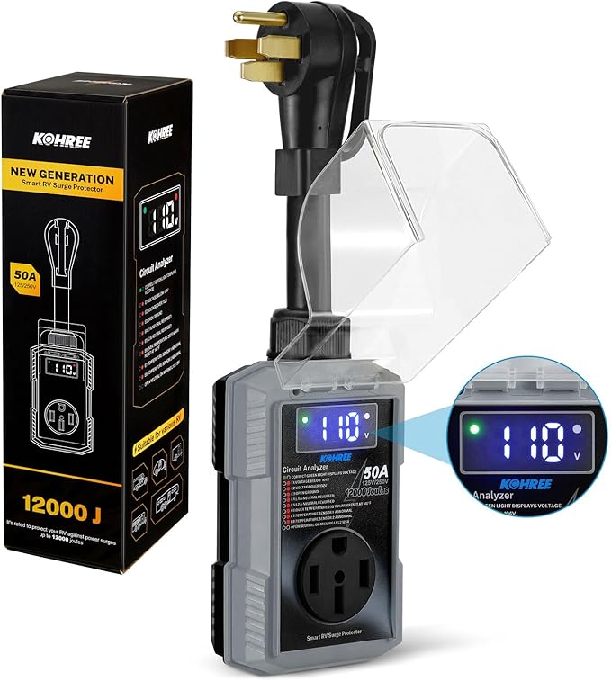Kohree RV Surge Protector 50 Amp with High/Low Voltage Protection, 12000 Joules 50 Amp RV Surge Protector Waterproof, Smart Circuit Analyzer w/LED Display for RV Camper, Gray