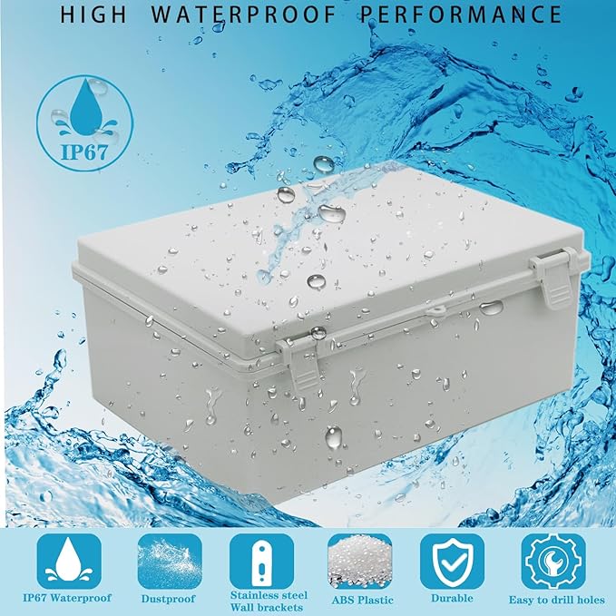 Waterproof Electrical Box with Mounting Plate 390x290x160mm, IP67 Junction Box Hinged Grey Cover ABS Project Boxes for Electronics DIY Enclosure with Wall Bracket and 2 Glands