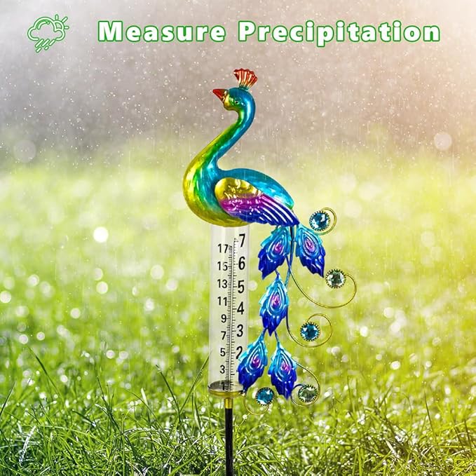 Peacock Rain Gauge Outdoor 36.6" Solar Powered Large Rain Gauges Freeze Proof Water Gauge with Metal Stakes Decorative for Garden,Lawns,Patio