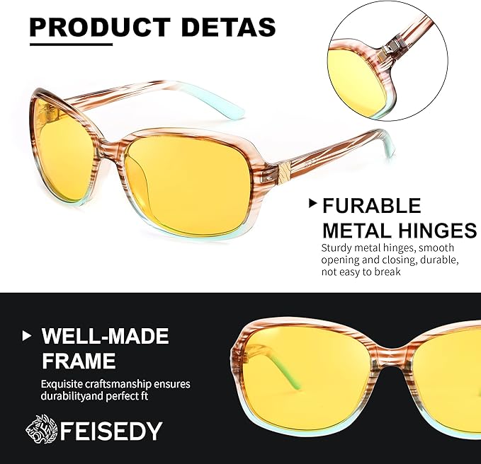 FEISEDY Classic Womens Night Glasses Driving Anti Glare Wrap Around Yellow Sunglasses B2548
