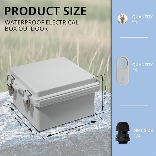 MAKERELE Small Electrical Junction Box Outdoor Weatherproof Gray Shell and IP67 ABS Grade Plastic with Hinged Cover, Mounting Plate,Wall Bracket,Stainless Steel Buckle and 1/4" NPT*2 (5.9"×5.9"×3.5")