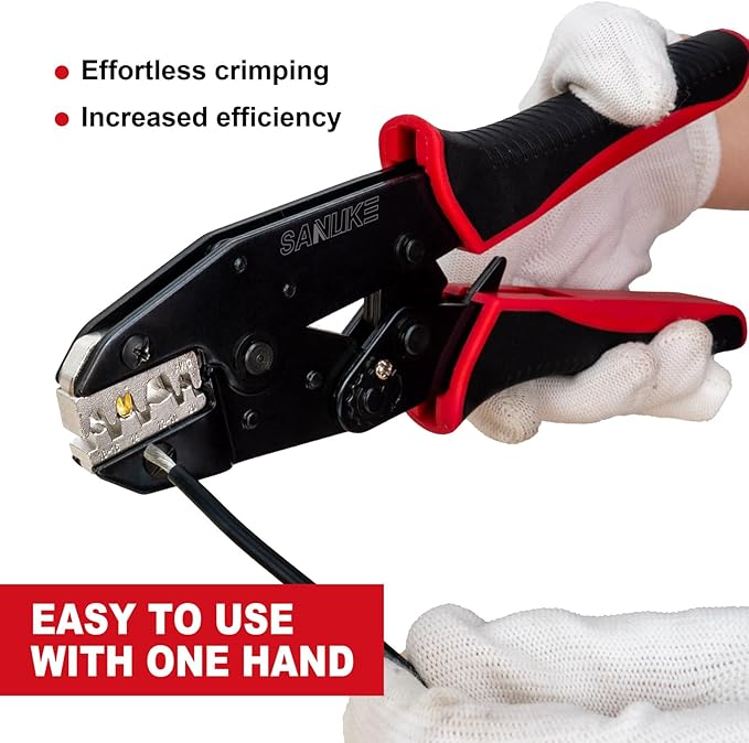 Sanuke Ratchet Crimping Tool for Non-Insulated Open Barrel Terminals & Receptacles, AWG 22-10 Ratcheting Wire Crimper, Electrical Terminal Crimp Pliers