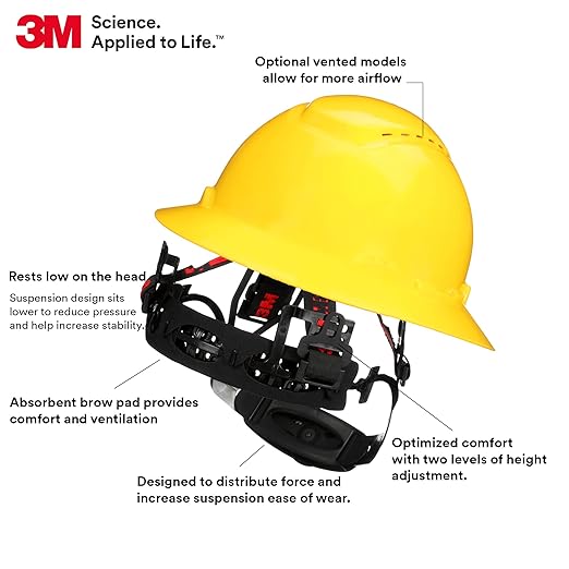 3M Hard Hat SecureFit H-802SFV-UV, Yellow, Vented Full Brim Style Safety Helmet with Uvicator Sensor, 4-Point Pressure Diffusion Ratchet Suspension, ANSI Z87.1
