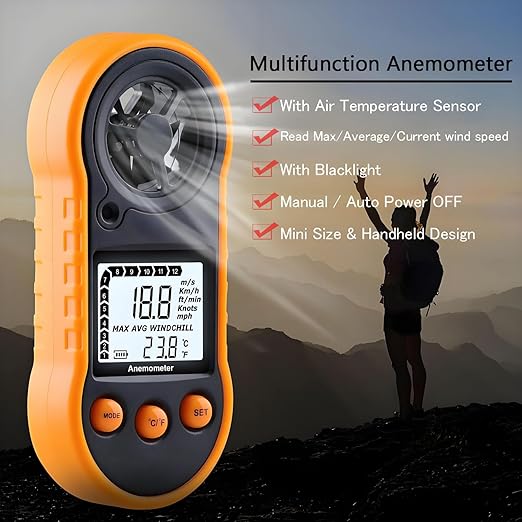 Digital Wind Speed Meter Anemometer,Handheld Air Flow Velocity Meter for Measuring Wind Speed/Temperature with Backlight LCD,for Shooting, HVAC, Drone Flying,Windsurfing, Sailing, Surfing, Fishing
