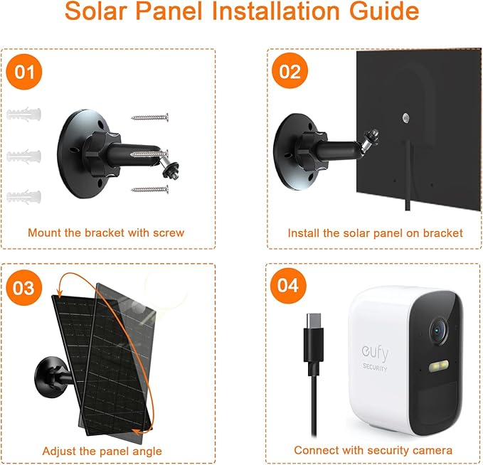 7W Solar Panel Compatible with Eufycam, USB-C Solar Charger for 5V Battery Cameras, IP66 Waterproof, 360° Adjustable Mount, 9.8ft Charging Cable