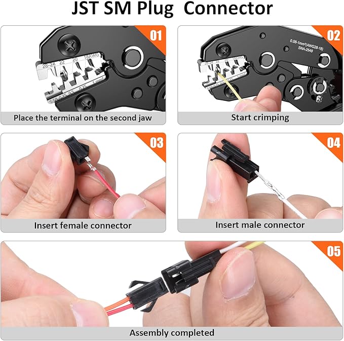 Preciva Crimping Tool Connector kit, 1050Pcs JST-SM Connectors Set, AWG28-18/0.08-1mm² Ratcheting Crimper Tool for Dupont, Molex, ATX, JST Series