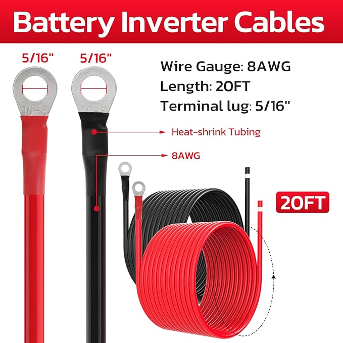 8 AWG Battery Cables 8 Gauge Solar Panel Wire Tinned Copper Extension Cable with 5/16'' Lugs for RV Solar Panel Car Automotive (8AWG 20FT)