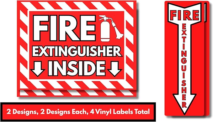 Fire Extinguisher Sign Premium Quality Vinyl Labels, 2 Designs 4 Pack, UV Resistant, Waterproof, Weatherproof, Fire Extinguisher Inside Sticker Signs Sizes 4 x 12 in & 6 x 8 in for Fire Extinguishers.