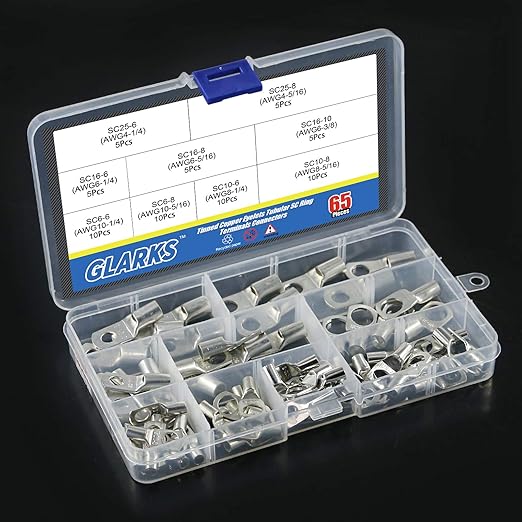 Glarks 65Pcs Assorted Heavy Duty Wire Lugs Battery Cable Tinned Copper Eyelets Tubular SC Ring Terminals Connectors with Spy Hole Assortment Kit