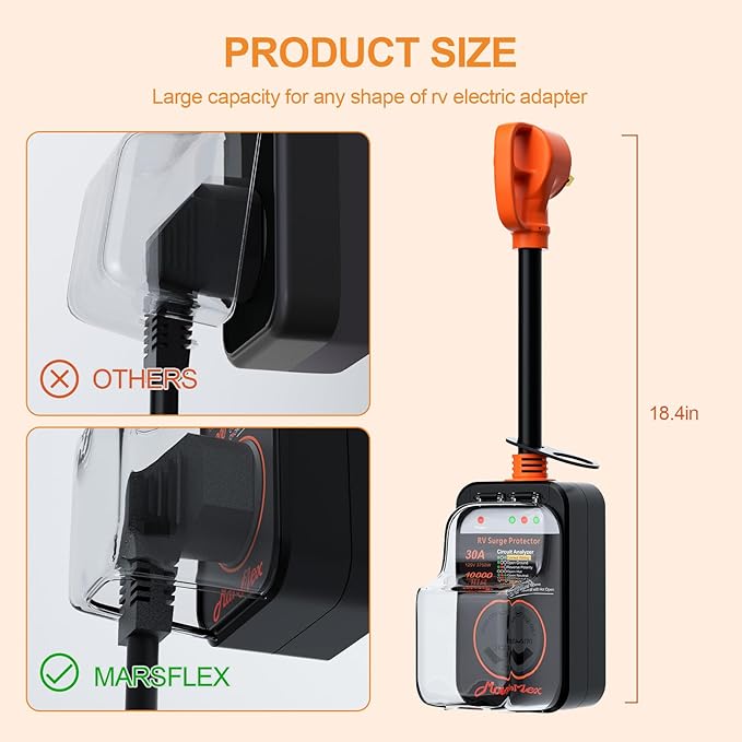 Marsflex Rv Surge Protector, 30amp Rv Circuit Analyzer, 10000 Joules Surge Protection with Waterproof Cover, LED Display, rv Voltage Protector for Camper, Travel Trailers, Motorboat, Color Black