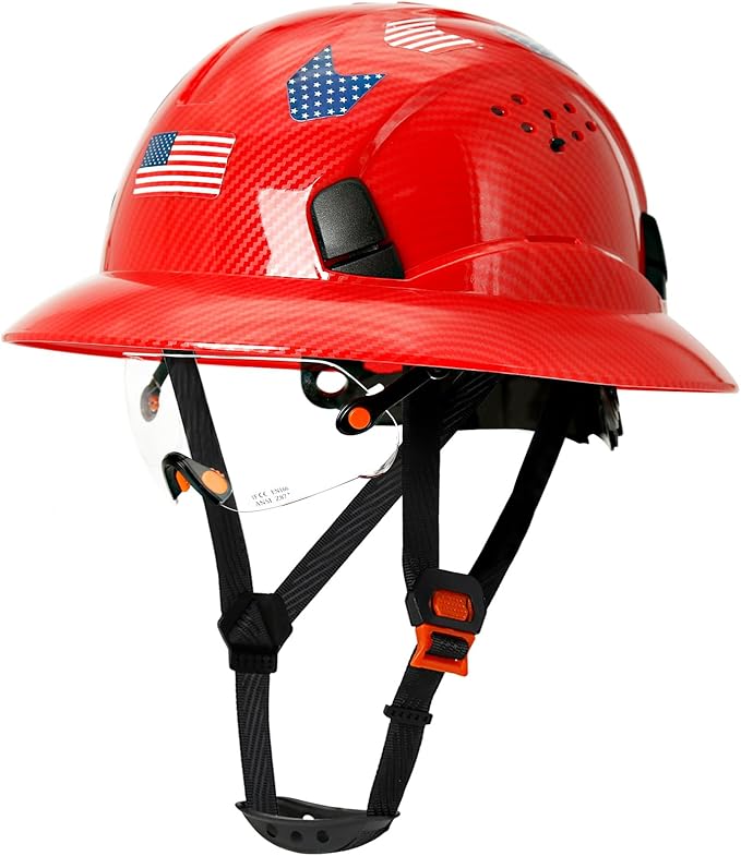 Carbon Fiber Pattern Full Brim Hard Hat with Visor-OSHA Approved Construction Safety Helmet for Men Women,ANSI Z89.1 Vented Reflective Hardhat with Hard Hat Chin Strap,6-Point Suspension