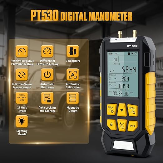 PT530 Manometer Gas Pressure Tester,HVAC Dual-Port High-Pressure Manometer Range of -100 to 300 KPa, 10 Units, Data Lock & Storage with Magnetic Back, Backlit Display,7 Adapters.