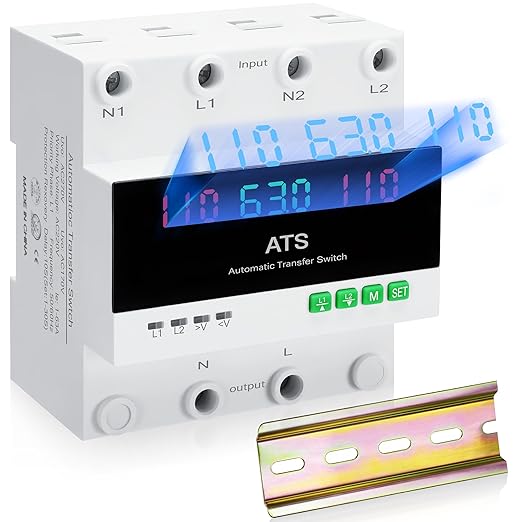 63 amp AC110V Automatic/Manual Transfer Switch with LED Display, 50/60Hz 2P 63A ATS Auto Dual Power Outdoor Changeover Switch for Home Generator, L1 Priority Din Rail Mount Selector Transfer Switches