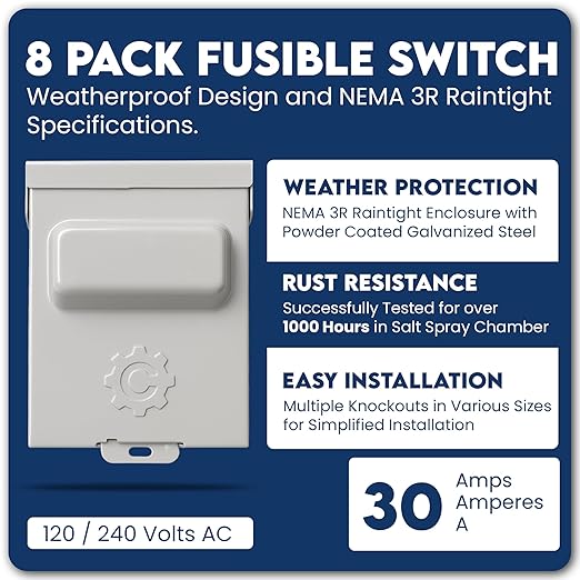 8-Pack 30 Amp Pullout FUSIBLE Disconnect Switch, ControlGear Brand 240V NEMA 3R Outdoor Metallic Enclosure for HVAC Systems, UL Certified, Single Phase Two Wire (fuses NOT Included)