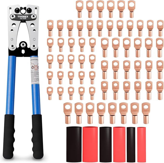 Battery Cable Lug Crimping Tool Kit for AWG 10-1/0 Electrical Lug Crimper with 64pcs Ring Terminals and 110pcs Heat Shrink Tubing