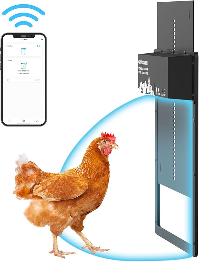 Automatic Chicken Coop Door - Programmable w/App & Timer, Solar/Battery/Grid Powered, Motion Sensor for Anti-Pinch,Plug & Play Electric Door, Aluminum for Weatherproof, Low Battery Alert